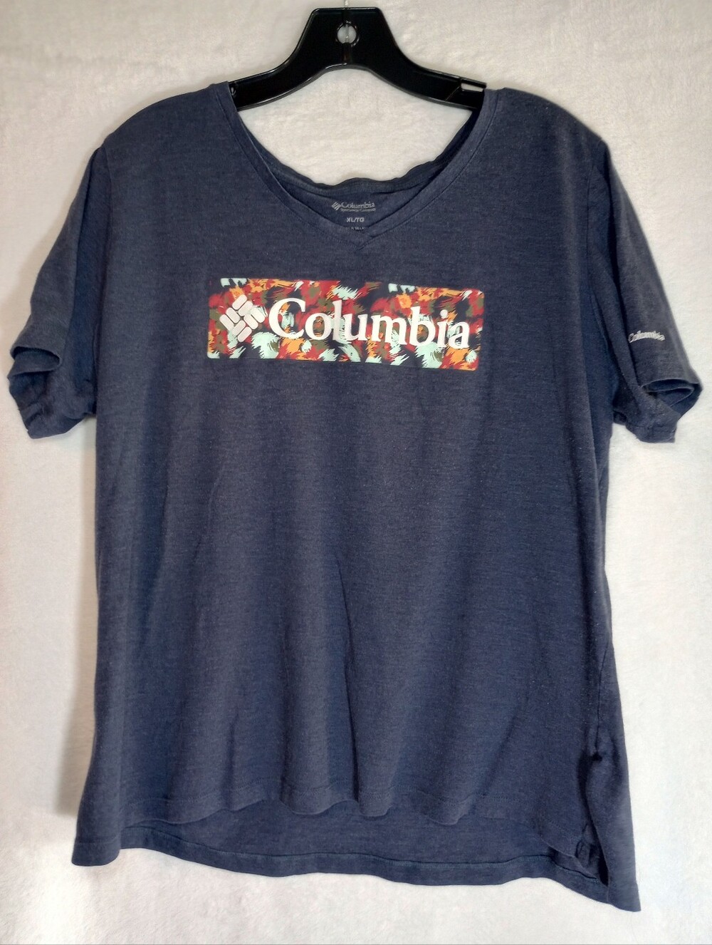 Columbia Exotic Floral Logo Casual Relaxed Fit Outdoorsy Navy Blue Tee Shirt XL